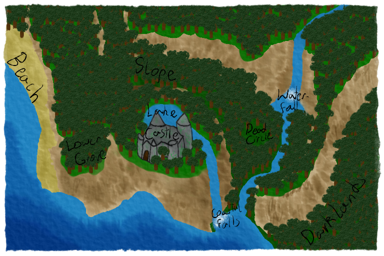 an abstract watercolor map, filled with trees and cliffs. There is a castle, a beach, and two waterfalls plus a river.